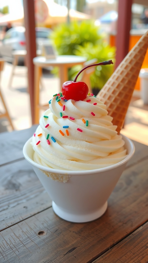 Classic Vanilla Ice Cream Recipe A bowl of vanilla ice cream with sprinkles and a cherry, accompanied by a waffle cone on a wooden table.
